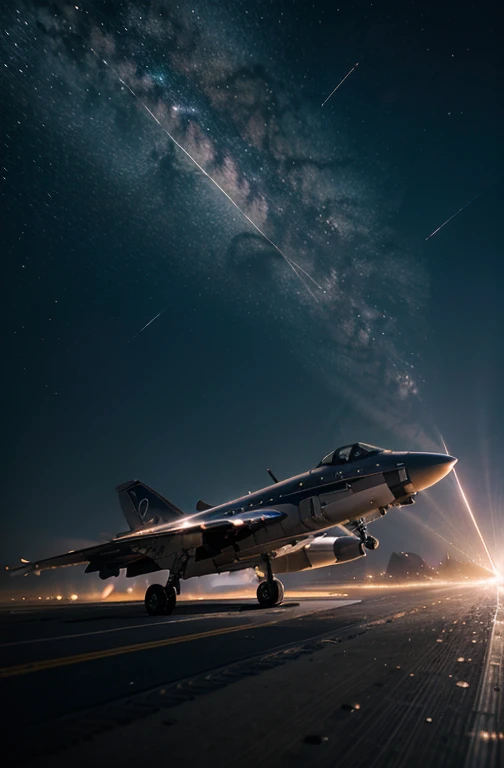 Galactic space aircraft soaring through the vast, empty expanse of the cosmos, its sleek, futuristic design glinting in the starlight. The engines hum softly, a peaceful melody in the silence of the universe. Suddenly, a meteorite hurtles towards thecraft, its fiery trail illuminating the darkness. The pilot's eyes narrow in focus as he expertly maneuvers the ship to dodge the incoming projectile. The meteorite explodes in a brilliant burst of light and debris, leaving the aircraft unscathed but for a few scorch marks on the hull. The pilot breathes a sigh of relief and continues on his journey through the