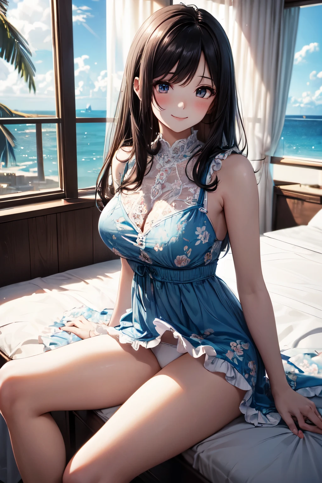 very cute and beautiful girl sitting near window,(floral blue summer dress with detailed frills),sleeveless,detailed lace,(spread legs,white panties), (highly detailed beautiful face and eyes),antique hotel bedroom with outside view,distant trees and ocean, (smile),blush,black hair, (best quality,masterpiece:1.0),absurdres,highres,ultra-detailed,extremely detailed,32k,8k resolution, intricate details,cinematic scene,detailed background,solo,dynamic angle, natural lighting,light particles,beautiful detailed sky,perfect hands,