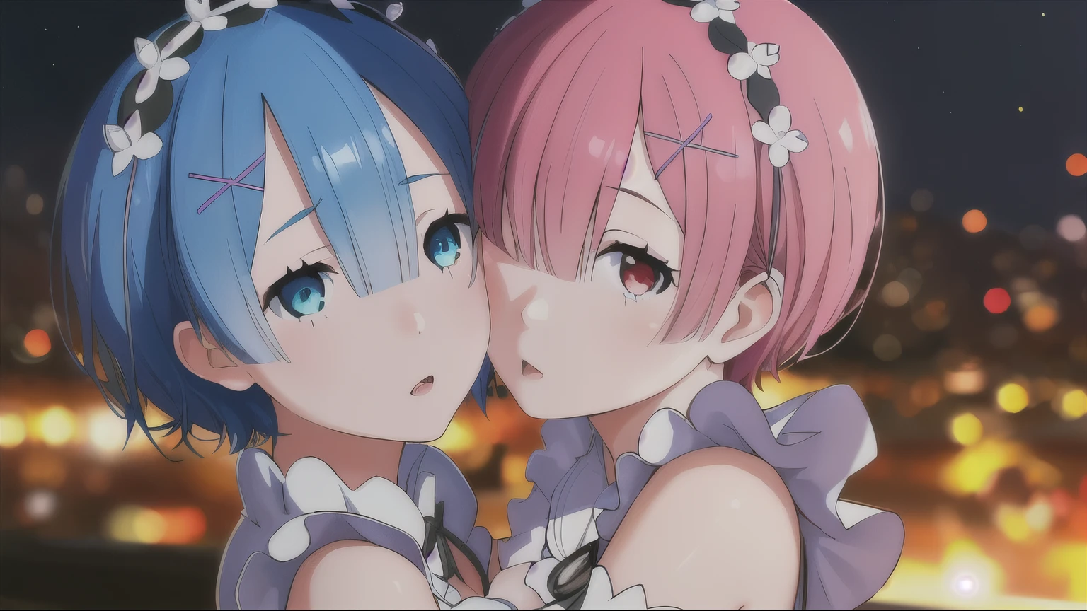 (((2girls))), ramchi, remrin, ((maid)), looking at viewer, blue eyes, blue hair, pink eyes,  pink hair, BREAK,
Hugging kissing yuri kiss , hugs kissing ,    masterpiece, best quality, hyperrealistic, extremely detailed, highly quality, 4k, sharp focus, professional photograph, sharp focus, award winning, cinematic lighting, octane render, unreal engine, volumetrics dtx, Wallpaper,