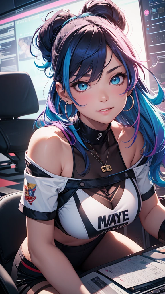 highest quality, Best image quality, girl, 20 years old, medium bust, plump breasts, sparkling amber eyes, aqua eyes, eye reflection, long upper lashes, (((rainbow hair))), long messy hair, Wavy, Top ponytail, ((Black sexy strapless short tube top)), leather jacket, (white denim hot pants), ((Black thigh socks)), Smile, glowing headphones, Diamond earrings, wristband, necklace, ring, ((squat on the chair)), in front of a computer, Playing video games, Leaning forward, Open one shoulder, elated, mouth biting bread, Look at the computer, light blush, beautiful art, background((Hacker Room, Server room, neon lights, braces, notebook)), flight, Debris flying, writing border depth, Movie, visual art, Perfect art, real, Verism, anime style, glowing light, cinematic lighting, chiaroscuro, ray tracing, 8K, masterpiece, super textured skin, super detail face, perfect face, Super fine facial details, beautiful and delicate eyes, perfect eyes, correct limbs, correct figner, super detail figner, best hair quality, best clothing quality, best prop quality