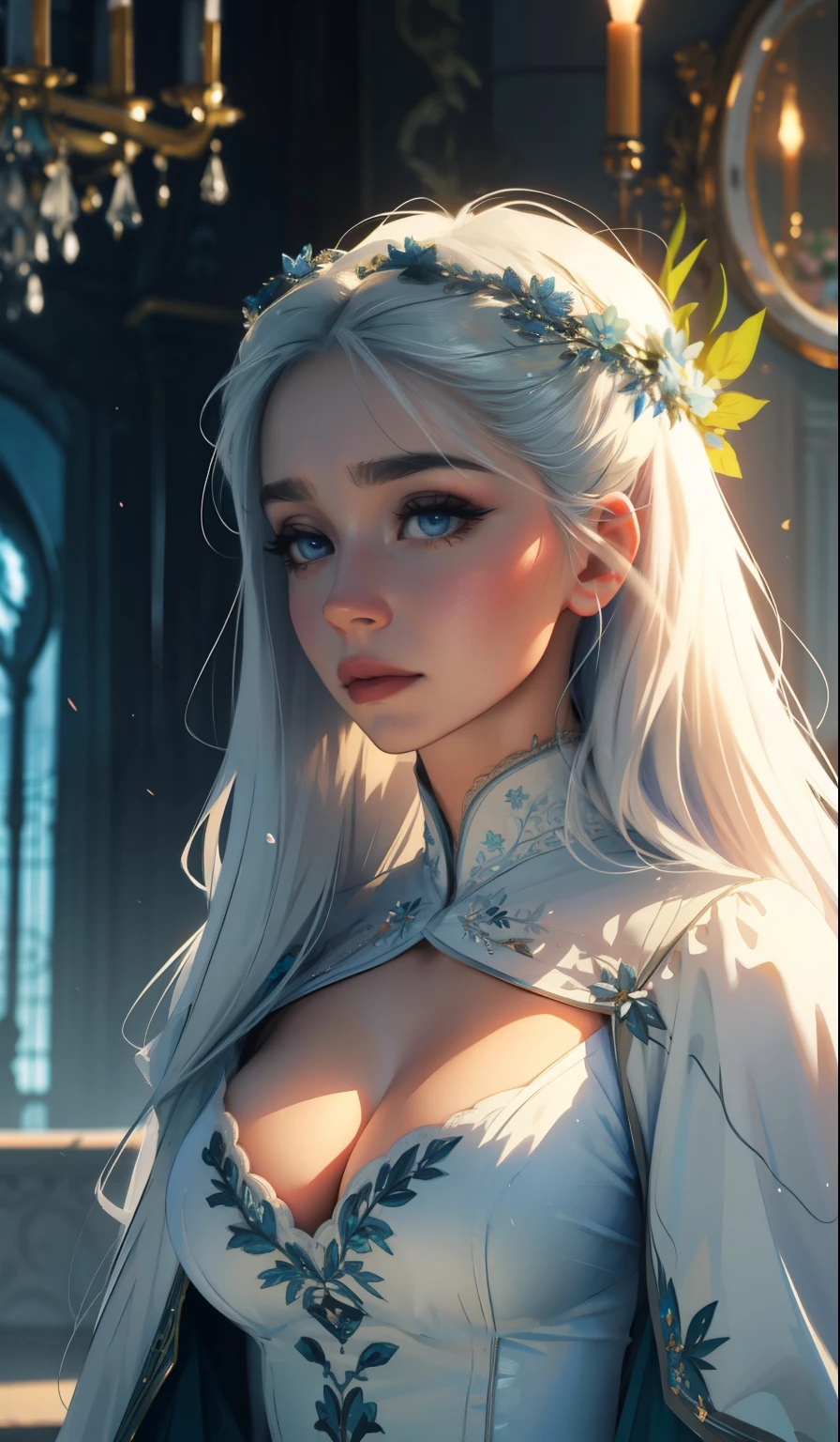 Russian Empire, neon, Fabulous portrait of a fairytale girl, dressed in a pale white simple 19th century silk dress with silver embroidery, face, similar to Daenerys face, long white hair, Stunning blue eyes, big breasts, реалистичное face, complex parts, Beautiful fantasy setting, "silver-blue-green floral embroidery, 8K, HD