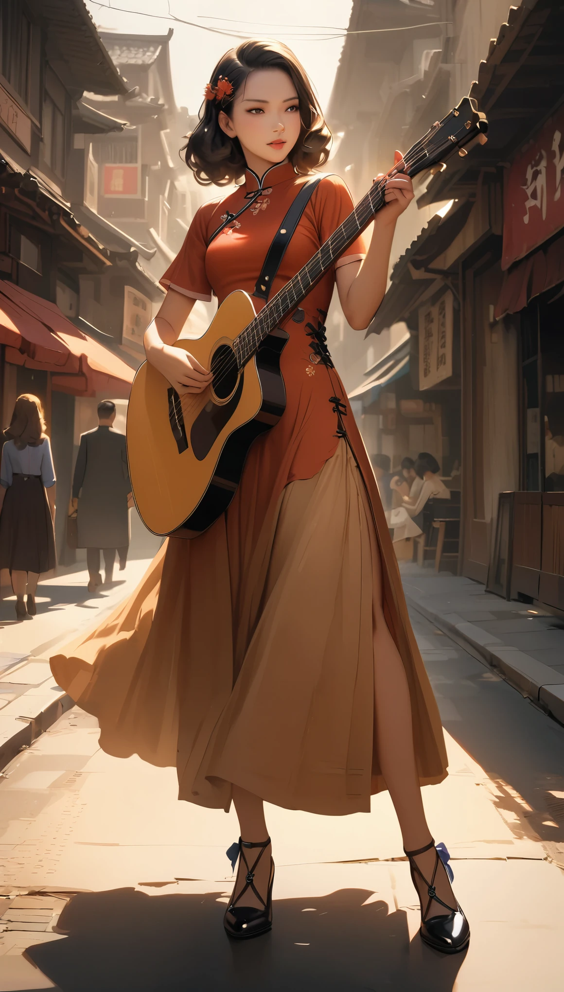 (best quality,high resolution:1.2),Wide-angle lens,Retro电影风格,1940s,sepia tone,A girl playing guitar,beautiful eyes and lips,lifelike,Retro,nostalgia,playful expression,elegant posture,Delicate curls,Old-fashioned hair accessories,Chinese traditional clothing cheongsam,Delicate shoes,Standing in charming Chinatown,Warm evening sun,Shadows and Highlights,微妙的Retro电影颗粒。