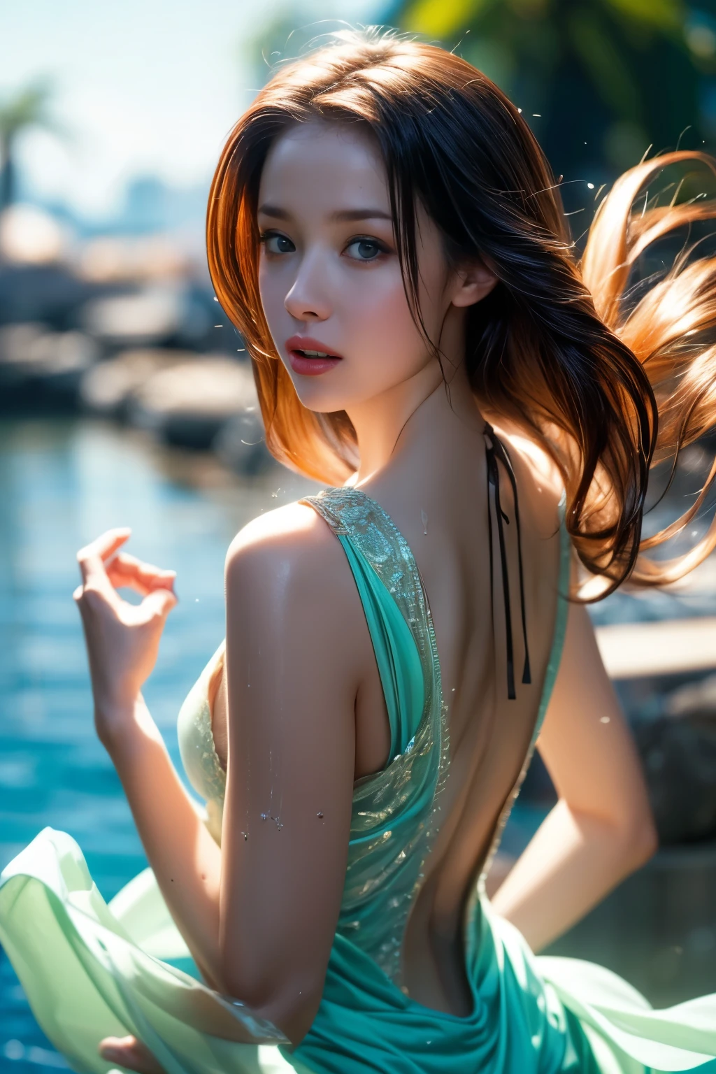zrpg style, from_side from_Underneath a beautiful scary woman made of water (expression of sadness:1.2) woman with (long water hair:1.2) 水from立ち上がる苔の煙の蔓、fireflies stirring the water、Midnight Moonlight、Backlight (masterpiece:1.2) (highest quality) (be familiar with) (Complex) (8K) (HDR) (wallpaper) (cinematic lighting) (sharp focus)
