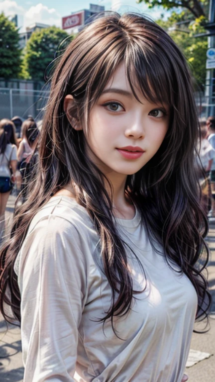 delicate eyes, Detailed face, best quality , Smile, (facing forward), looking at the audience, White shirt, sunny, outdoor, 1 Girls Upper Body, Dark purple chocolate hair dye, long hair, thinning hair, long wavy hair, curls, Gradient hair, curls