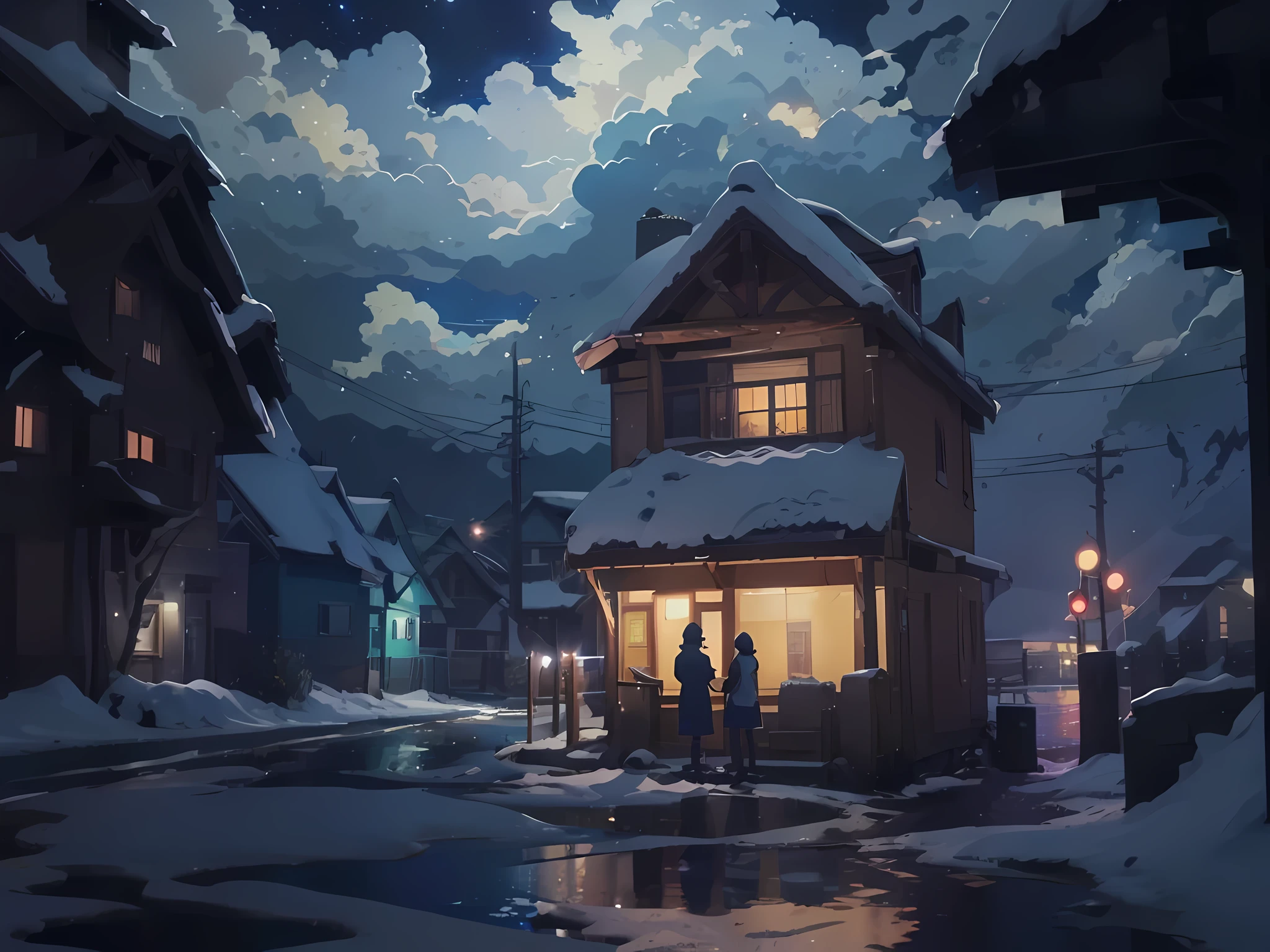 Anime scenery of a lake with houses and a starry sky., Anime art wallpaper 4 k, anime art wallpaper 4k, anime wallpaper 4k, anime wallpaper 4 k, Anime art wallpaper 8 k, universe sky. By Makoto Shinkai, anime landscape wallpaper, amazing wallpaper, 4k anime wallpaper, anime background, anime sky, anime wallpaper, night scenery
