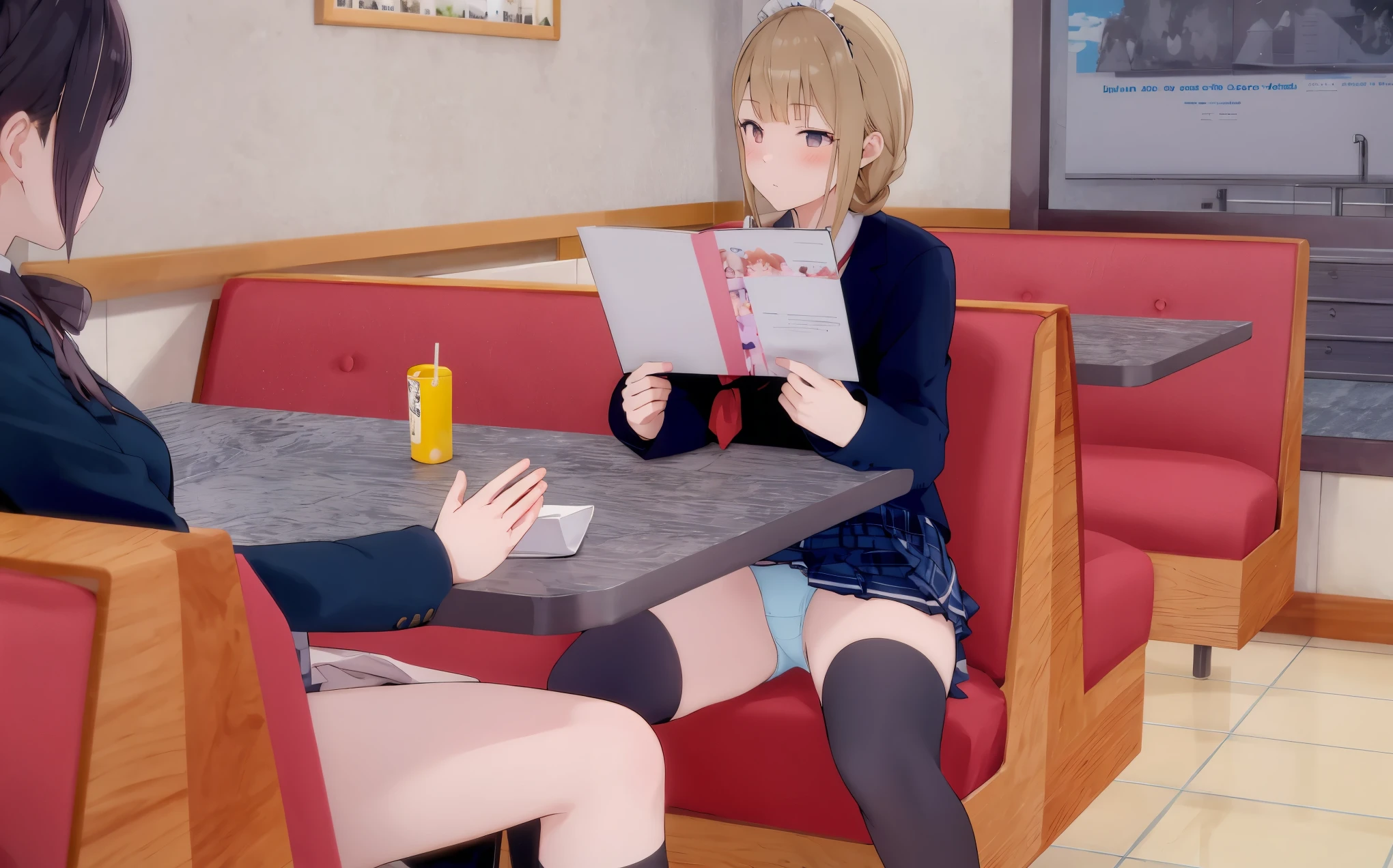 ecchi anime style, ecchi style, azur lane style, visual novel key visual, anime girls in underwear posing for a picture with a pink background, three girls in school uniforms standing in a library, ecchi anime style, hololive, ecchi, in clothes! highly detailed, visual novel cg, jk uniform, high school girls, upskirt, panty, anime maids riding early tanks