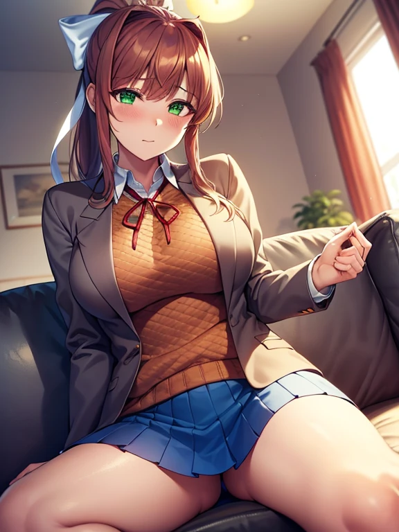 ((masutepiece, Best Quality, hight resolution, nffsw, Perfect Pixel, depth of fields, 4K, )), 1girl in, Solo, , Beautiful anime girl, Beautiful Art Style, monika, green eyes, brown hair, very long hair, ponytail, hair ribbon, white ribbon, blazer, brown sweater, collared shirt, neck ribbon, blue skirt, ,
sitting on sofa:1.3, livingroom background, Looking at viewer.
Perfect body, large breasts, Full face blush,
straight-on:1.5, very low angle:1.3,