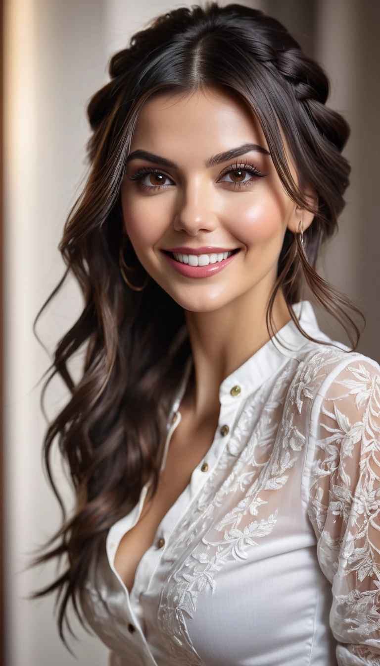 Victoria Justice, Beautiful Woman, player's perspective, Lens Flare, f/2.8, 50mm, Leica, Braids, (Masterpiece, Top Quality, High Resolution:1.4), 1 girl, 30 years old, large breasts, angel, abs, skin pore texture, HD 4K, 8K, photo, cinematic, full body portrait, realistic, (8K, RAW photo, Top Quality, Masterpiece:1.2), (realistic, photo-realistic:1.33), best quality, detailed eyes, cute, natural light, depth of field, film grain, wrinkled skin, sharp, detailed and realistic woman, staring at camera, ruffled lips, sexy smile, perfect teeth, soft natural light, photography, magic photography, dramatic lighting, photorealism, super detailed, elegant white blouse and tight WR.UP jeans with platform stiletto heels.