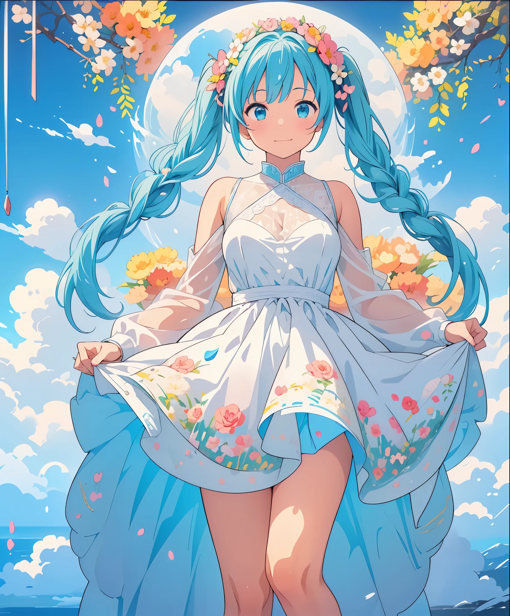 (masterpiece、highest quality、highest quality、official art、beautiful beautiful:1.2)、(1 girl:1.3)Hatsune Miku、twin tails,big breasts,photo realistic、Nendoroids in wedding dresses standing in front of a painting、laughter、cute pose、watercolor nendoroid、(high definition figures)、flowing iridescent silk、close up of face、eye up、heart mark、floral dress、There is also a flower in front of the petal below the Nendoroid.........、season!!: summer☀ 🍂、((A wonderful painting with super multiple exposure where you can see the background through the clothes))