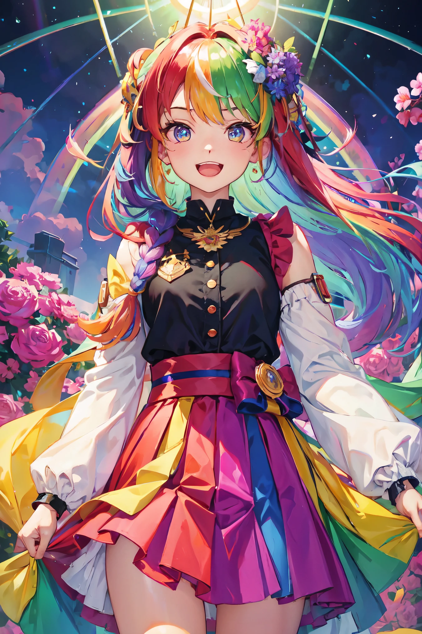 （In 8K, highest quality, pieces fly:1.2)、ultra high resolution,1 female ************、super detailed face,fine eyes,open your mouth,laughter,((rainbow hair)),asymmetrical bangs,twin braids,break,((flower dress)),ruffle skirt,break,(rainbow light:1.4),botanical garden