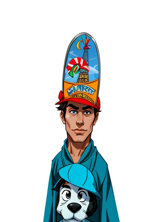 arafed boy Wearing a hat with a cartoon character on it, wearing a silly hat, wearing a party hat, he is Wearing a hat, Funny hat, personagem with hat, fancy Funny hat, cone, Wearing a hat, Hats, alex, with a strange hat, , fotografia de retrato, pateta, vestido com shako, with hat, estilo disney pixar