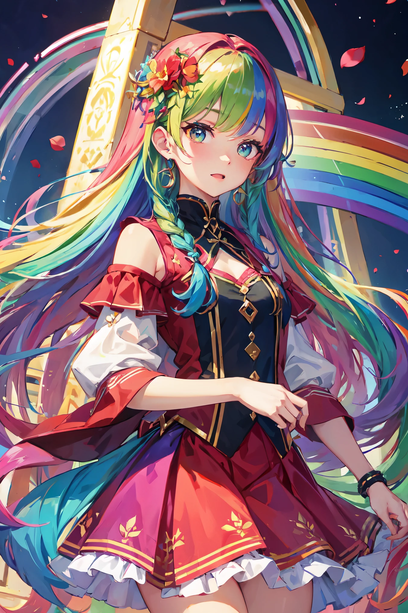 (In 8K, highest quality, pieces fly:1.2)、ultra high resolution,1 female 16 years old、super detailed face,fine eyes,open your mouth,laughter,((rainbow hair)),asymmetrical bangs,twin braids,break,((flower dress)),ruffle skirt,break,(rainbow light:1.4),botanical garden