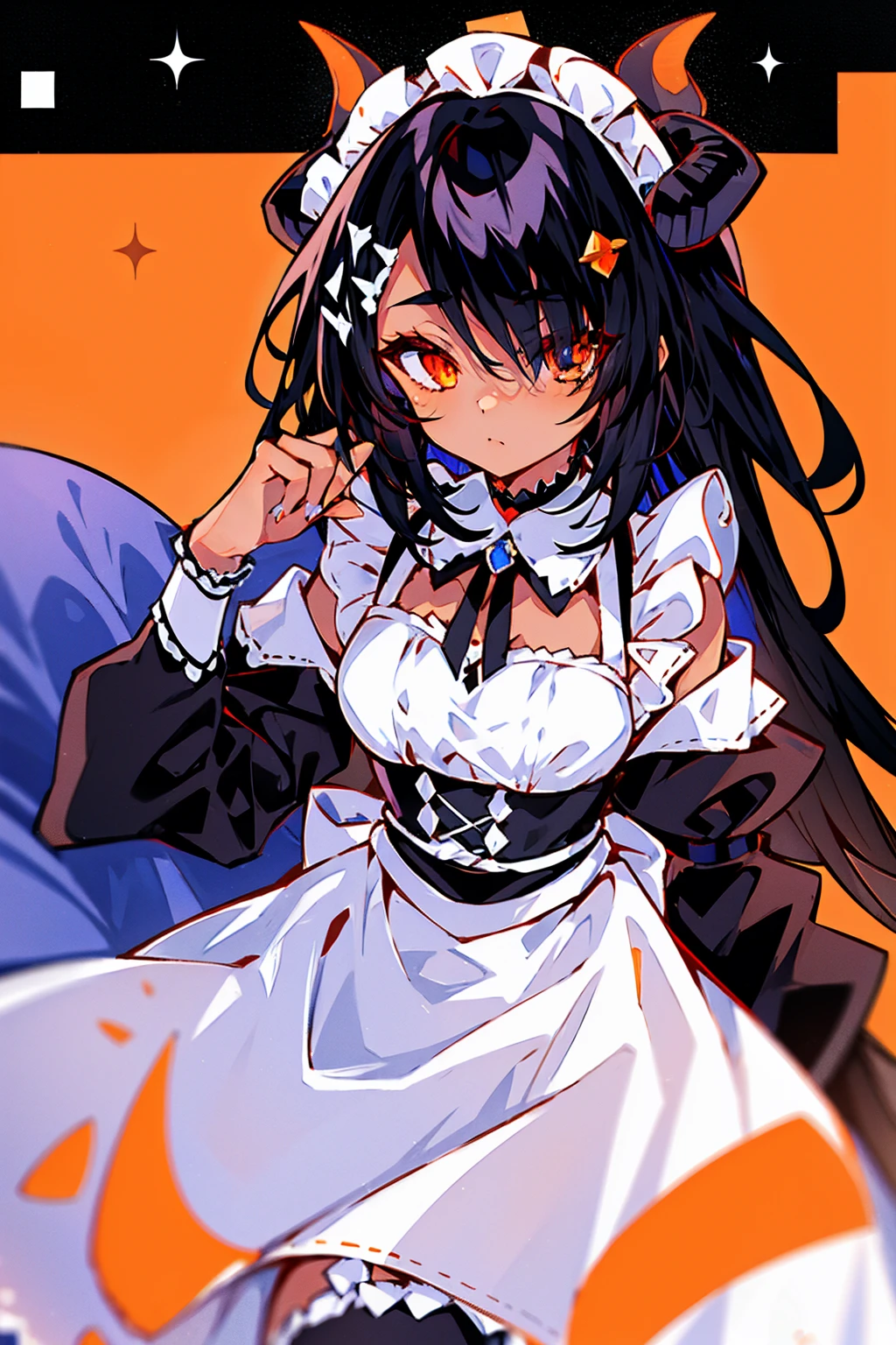 a woman dressed like a demon with horns and white skirt, 1girl, solo, apron, dark-skinned female, dark skin, hair over one eye, horns, looking at viewer, hair ornament, maid, maid headdress, black hair, orange eyes, puffy sleeves, short sleeves