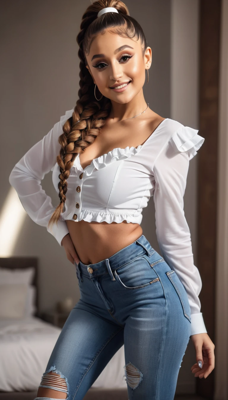 Ariana Grande, Beautiful Woman, player's perspective, Lens Flare, f/2.8, 50mm, Leica, Braids, (Masterpiece, Top Quality, High Resolution:1.4), 1 girl, 30 years old, large breasts, angel, abs, skin pore texture, HD 4K, 8K, photo, cinematic, full body portrait, realistic, (8K, RAW photo, Top Quality, Masterpiece:1.2), (realistic, photo-realistic:1.33), best quality, detailed eyes, cute, natural light, depth of field, film grain, wrinkled skin, sharp, detailed and realistic woman, staring at camera, ruffled lips, sexy smile, perfect teeth, soft natural light, photography, magic photography, dramatic lighting, photorealism, super detailed, elegant white blouse and tight WR.UP jeans with platform stiletto heels.