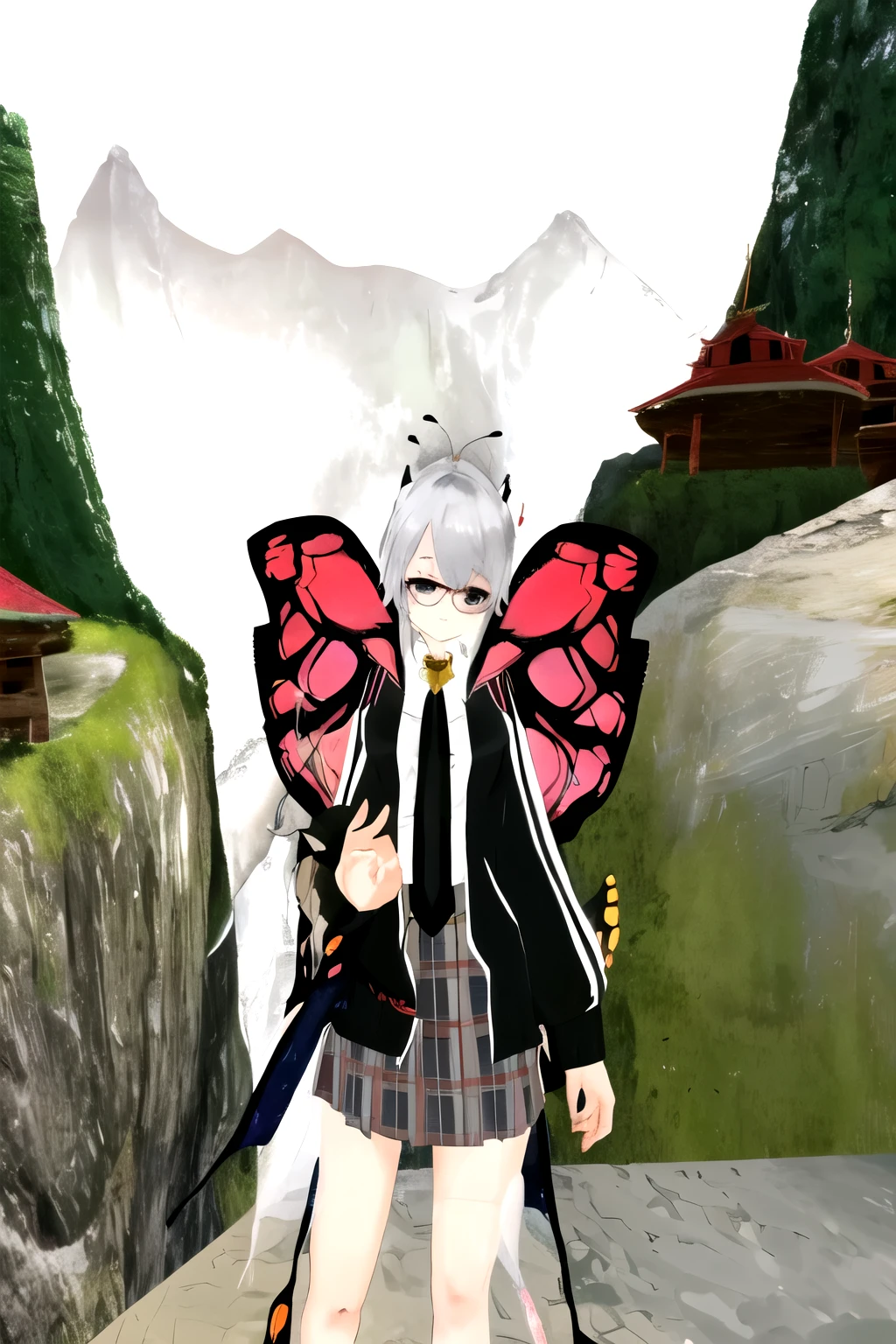 there is a woman with a butterfly wings standing in front of a mountain, insect trainer girl, 2b, 2 b, butterfly wings, butterfly, second life avatar, , masuimi max, inspired by Jin Homura, full pose, shikamimi, with cape, magical school student uniform, silver eyes full body, koyoharu gotouge