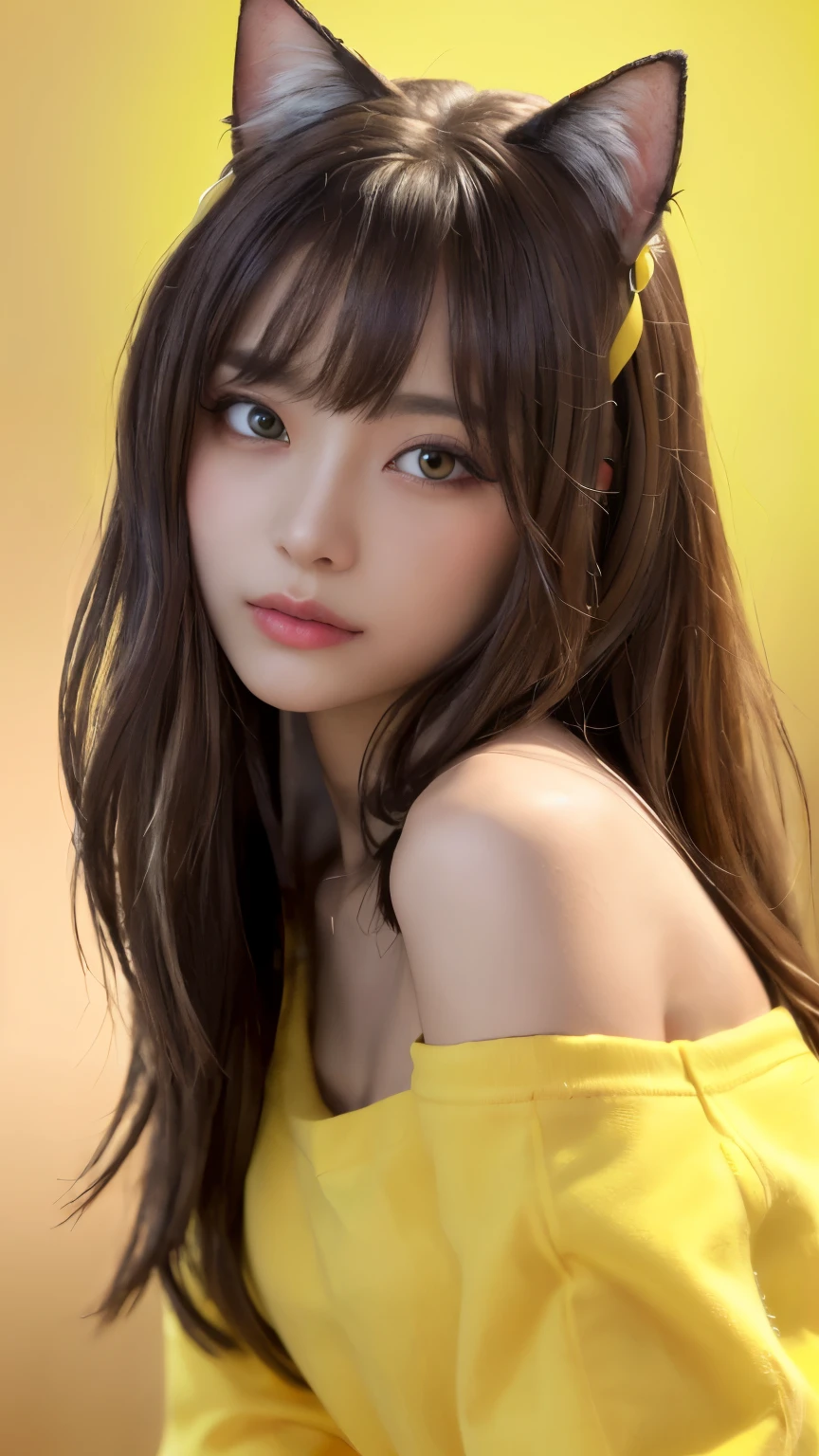 masterpiece, highest quality, 4K, Photorealistic, bokeh, enlightenment,1 perfect portrait of a girl, (A fascinating eye for perfect detail:1.2), colorful hair, (gradient hair), (Yellow + brack soft long hair:1.6), (Cat ear:1.2), fantasy background, (exposed bare shoulders), (long-term alienation sleeve), (lean forward a little), head tilt, movie lighting, oversized clothes, (seductive pose:1.4), (Yellow + brack background:1.6), beautiful lite brown eyes, close up,