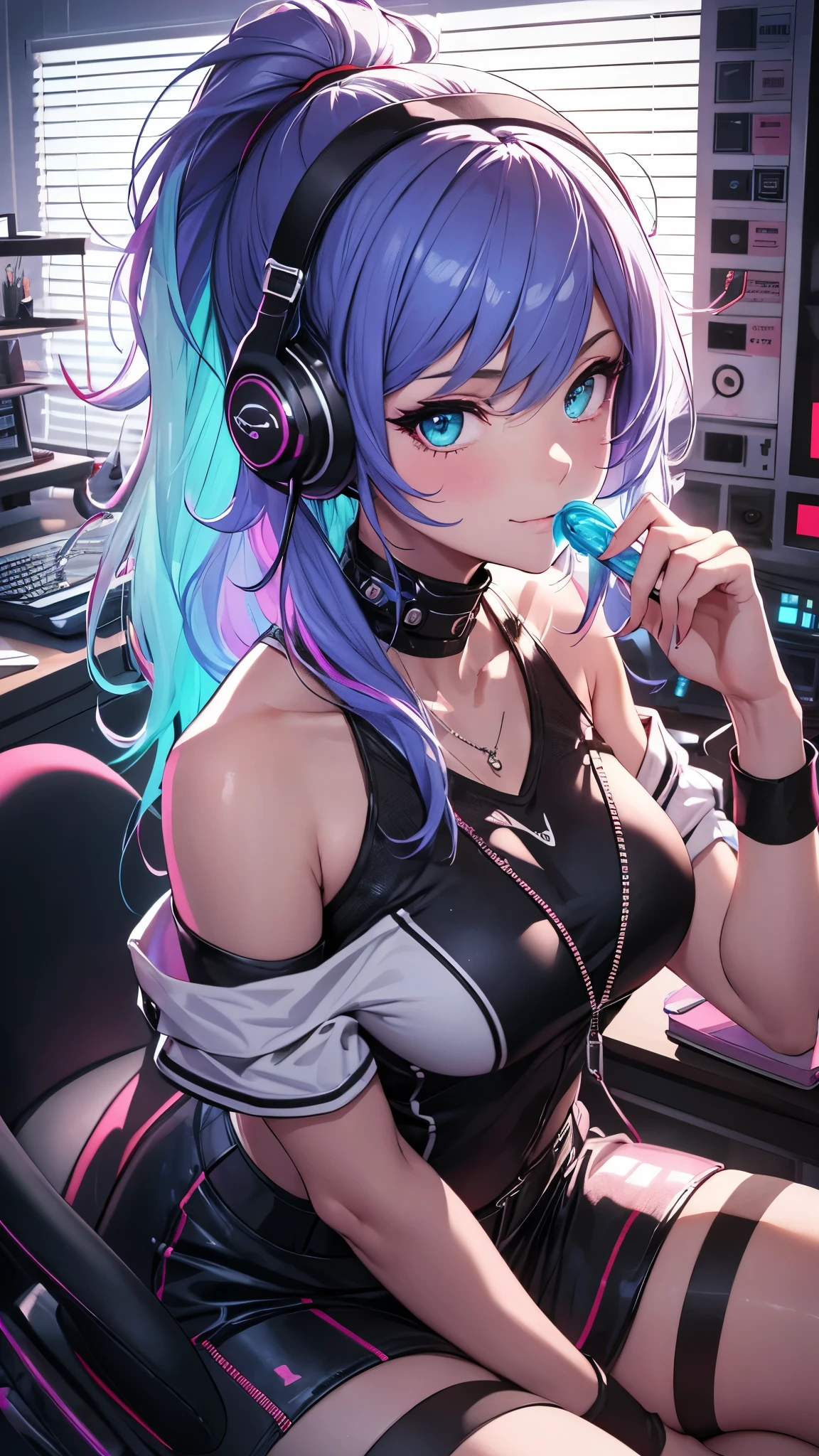 highest quality, Best image quality, girl, 20 years old, medium bust, plump breasts, sparkling amber eyes, aqua eyes, eye reflection, long upper lashes, (((rainbow hair))), long messy hair, Wavy, Top ponytail, ((Black sexy strapless short tube top)), leather jacket, (white denim hot pants), ((Black thigh socks)), Smile, glowing headphones, Diamond earrings, wristband, necklace, ring, ((squat on the chair)), in front of a computer, Playing video games, Leaning forward, Open one shoulder, elated, mouth biting bread, Look at the computer, light blush, beautiful art, background((Hacker Room, Server room, neon lights, braces, notebook)), flight, Debris flying, writing border depth, Movie, visual art, Perfect art, real, Verism, anime style, glowing light, cinematic lighting, chiaroscuro, ray tracing, 8K, masterpiece, super textured skin, super detail face, perfect face, Super fine facial details, beautiful and delicate eyes, perfect eyes, correct limbs, correct figner, super detail figner, best hair quality, best clothing quality, best prop quality