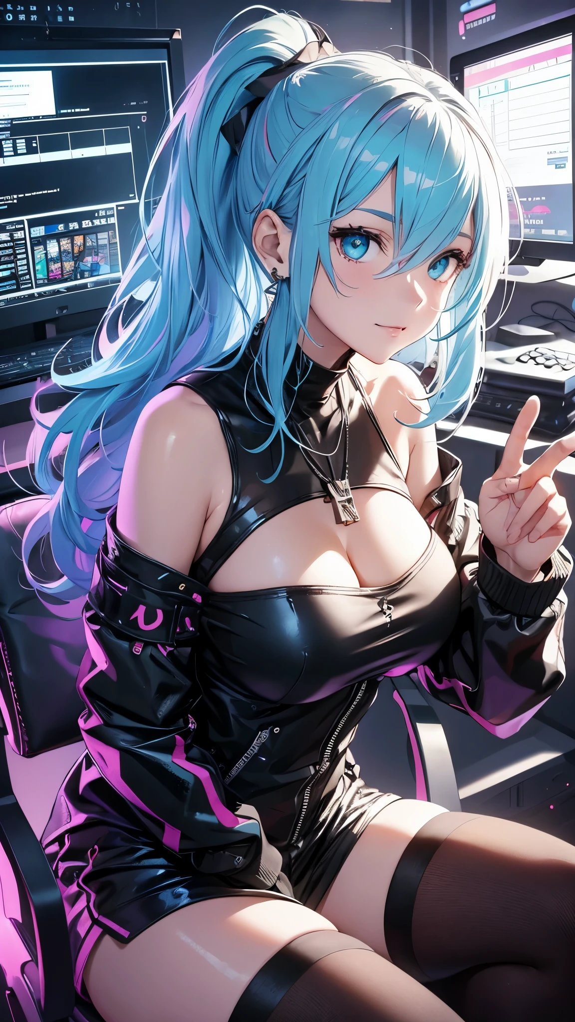 highest quality, Best image quality, girl, 20 years old, medium bust, plump breasts, sparkling amber eyes, aqua eyes, eye reflection, long upper lashes, (((rainbow hair))), long messy hair, Wavy, Top ponytail, ((Black sexy strapless short tube top)), leather jacket, (white denim hot pants), ((Black thigh socks)), Smile, glowing headphones, Diamond earrings, wristband, necklace, ring, ((squat on the chair)), in front of a computer, Playing video games, Leaning forward, Open one shoulder, elated, mouth biting bread, Look at the computer, light blush, beautiful art, background((Hacker Room, Server room, neon lights, braces, notebook)), flight, Debris flying, writing border depth, Movie, visual art, Perfect art, real, Verism, anime style, glowing light, cinematic lighting, chiaroscuro, ray tracing, 8K, masterpiece, super textured skin, super detail face, perfect face, Super fine facial details, beautiful and delicate eyes, perfect eyes, correct limbs, correct figner, super detail figner, best hair quality, best clothing quality, best prop quality