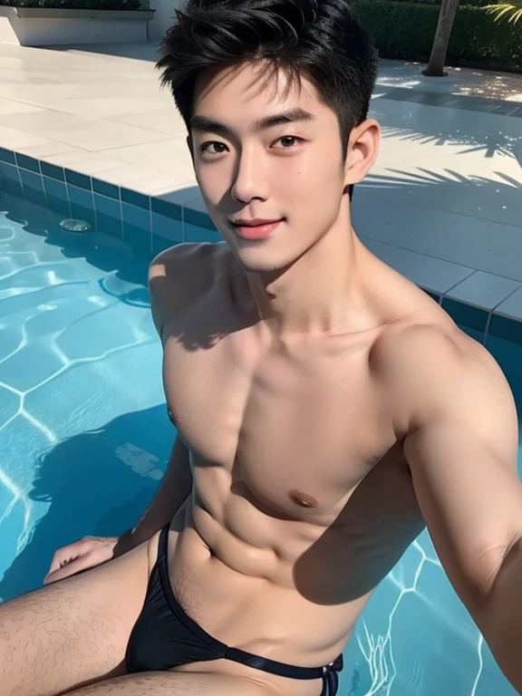  naked , swimwear , speedo, selfie pose , selfie angle , pool, realistic handsome Korean face, black hair, refreshing smile, natural muscles , beardless face、masterpiece、A high resolution、hyperrealism、Fill Light、detailed face、solo、a men、glowing skin、(Asian)、(young、teenager)、Handsome、detailed background、Handsome , fullbody shot