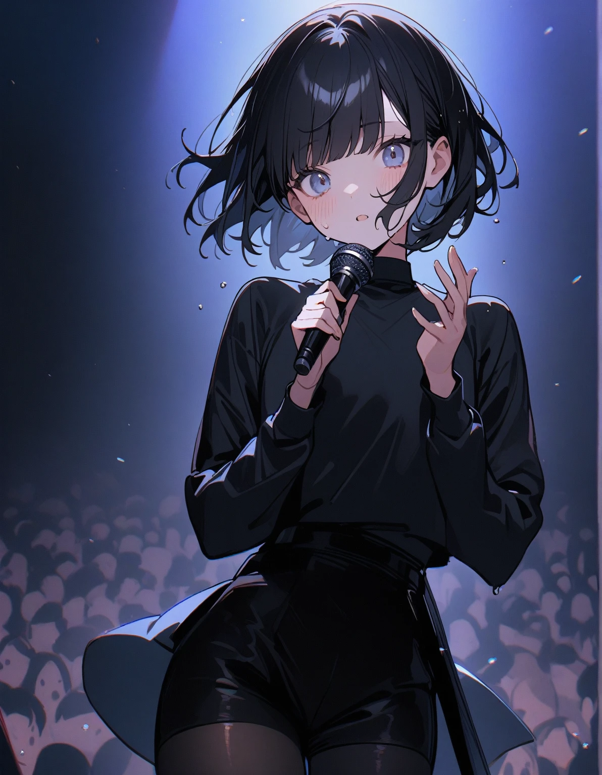 1 girl, black hair, short hair with bangs with a blue gradient on her hair, looks at the viewer, sings into the microphone, stands on stage, singer, dressed in short black shorts, black transparent tights, long sleeve shirt, sweat on her face, delicate tones