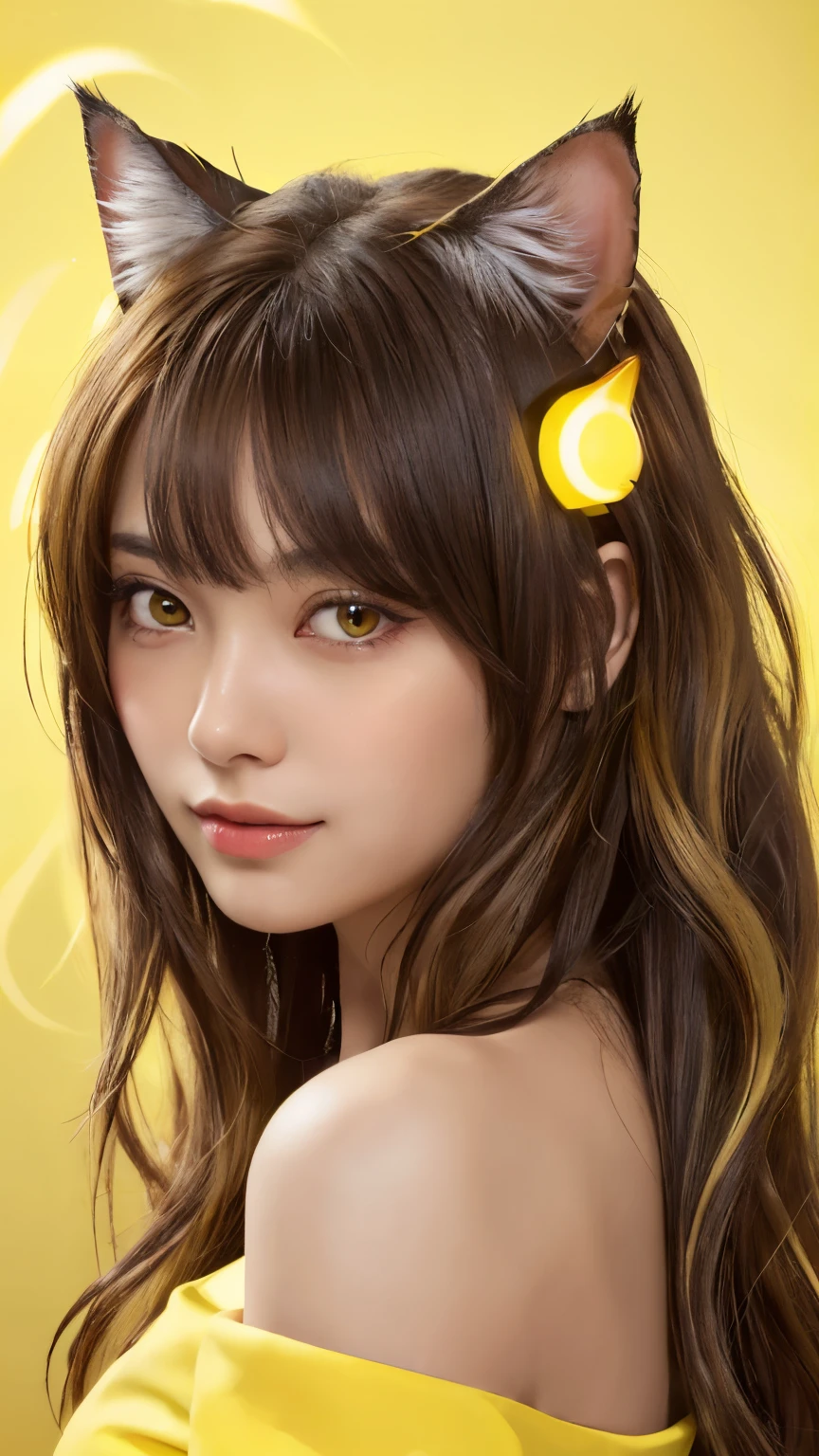 masterpiece, highest quality, 4K, Photorealistic, bokeh, enlightenment,1 perfect portrait of a girl, (A fascinating eye for perfect detail:1.2), colorful hair, (gradient hair), (Yellow and brack soft long hair:1.6), (Cat ear:1.2), fantasy background, (exposed bare shoulders), (long-term alienation sleeve), (lean forward a little), head tilt, movie lighting, oversized clothes, (seductive pose:1.4), (Yellow and brack background:1.6), beautiful lite brown eyes, close up,