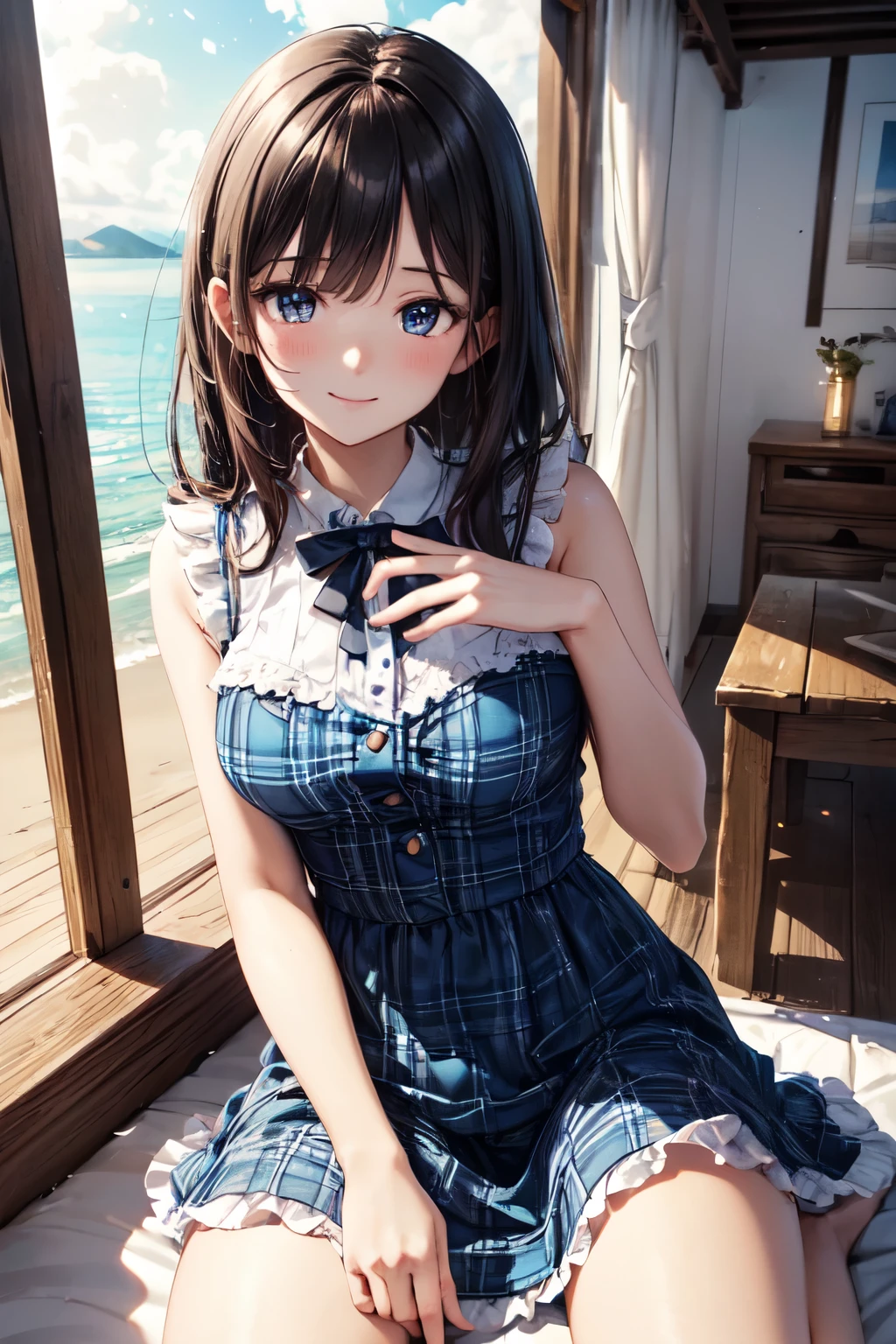 very cute and beautiful girl sitting near window,(blue plaid summer dress with detailed frills),sleeveless,detailed lace,(spread legs,white panties), (highly detailed beautiful face and eyes),beach,wooden floating cottage, (smile),blush,black hair,medium hair, (best quality,masterpiece:1.0),absurdres,highres,ultra-detailed,extremely detailed,32k,8k resolution, intricate details,cinematic scene,detailed background,solo,dynamic angle, natural lighting,light particles,beautiful detailed sky,perfect hands,