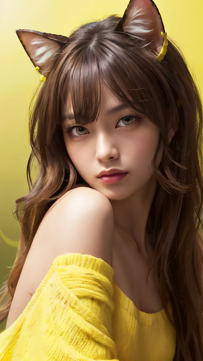 masterpiece, highest quality, 4K, Photorealistic, bokeh, enlightenment,1 perfect portrait of a girl, (A fascinating eye for perfect detail:1.2), colorful hair, (gradient hair), (Yellow and brack soft long hair:1.6), (Cat ear:1.2), fantasy background, (exposed bare shoulders), (long-term alienation sleeve), (lean forward a little), head tilt, movie lighting, oversized clothes, (seductive pose:1.4), (Yellow and brack background:1.6), beautiful lite brown eyes, close up,