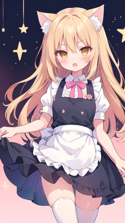 beautiful illustrations, highest quality, pretty girl, waitress, apron dress, (Cat ear), open your mouth, (angry:0.9), gold eyes, thigh, mini skirt with ruffles