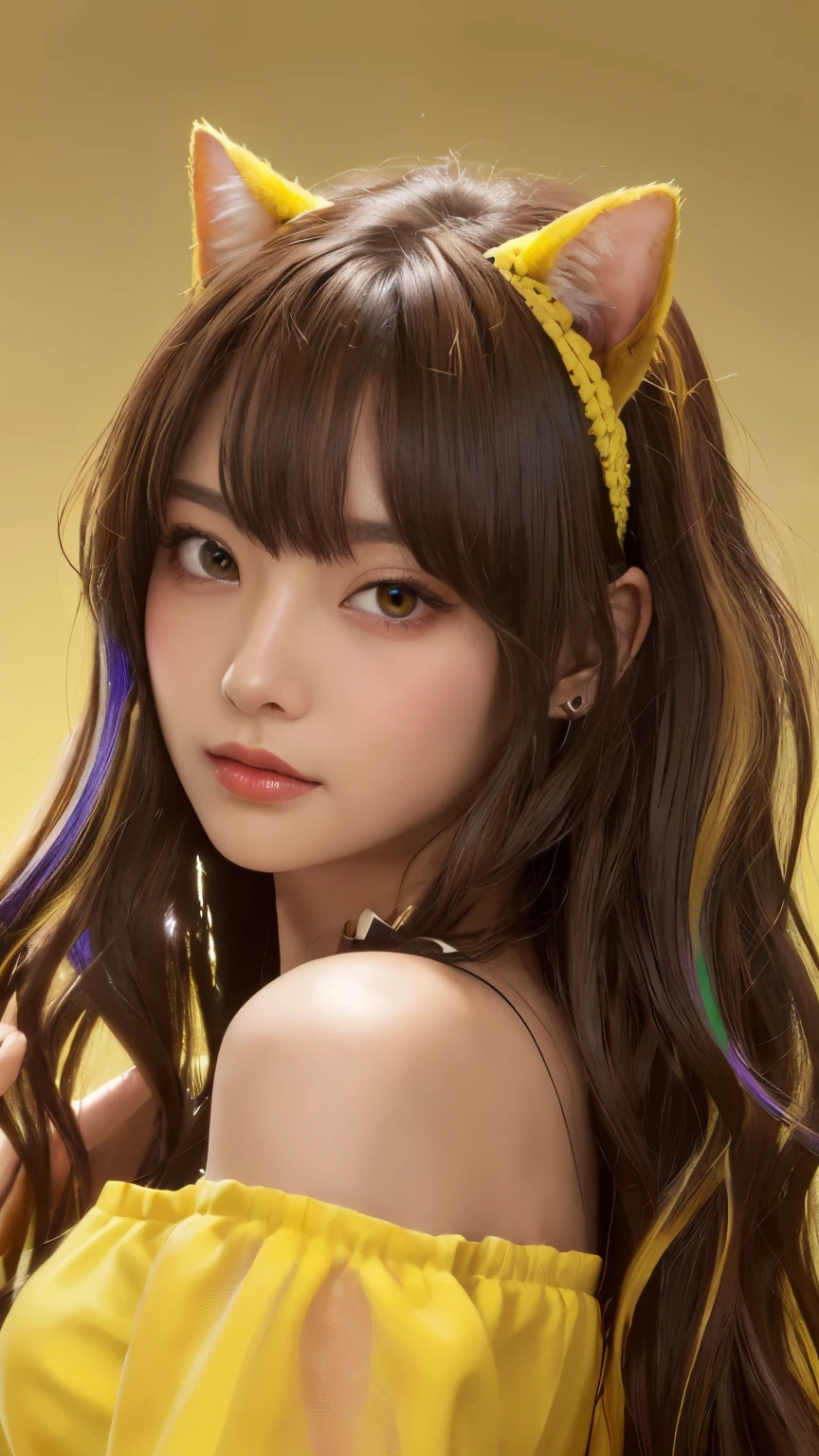 masterpiece, highest quality, 4K, Photorealistic, bokeh, enlightenment,1 perfect portrait of a girl, (A fascinating eye for perfect detail:1.2), colorful hair, (gradient hair), (Yellow and brack soft long hair:1.6), (Cat ear:1.2), fantasy background, (exposed bare shoulders), (long-term alienation sleeve), (lean forward a little), head tilt, movie lighting, oversized clothes, (seductive pose:1.4), (Yellow and brack background:1.6), beautiful lite brown eyes, close up,