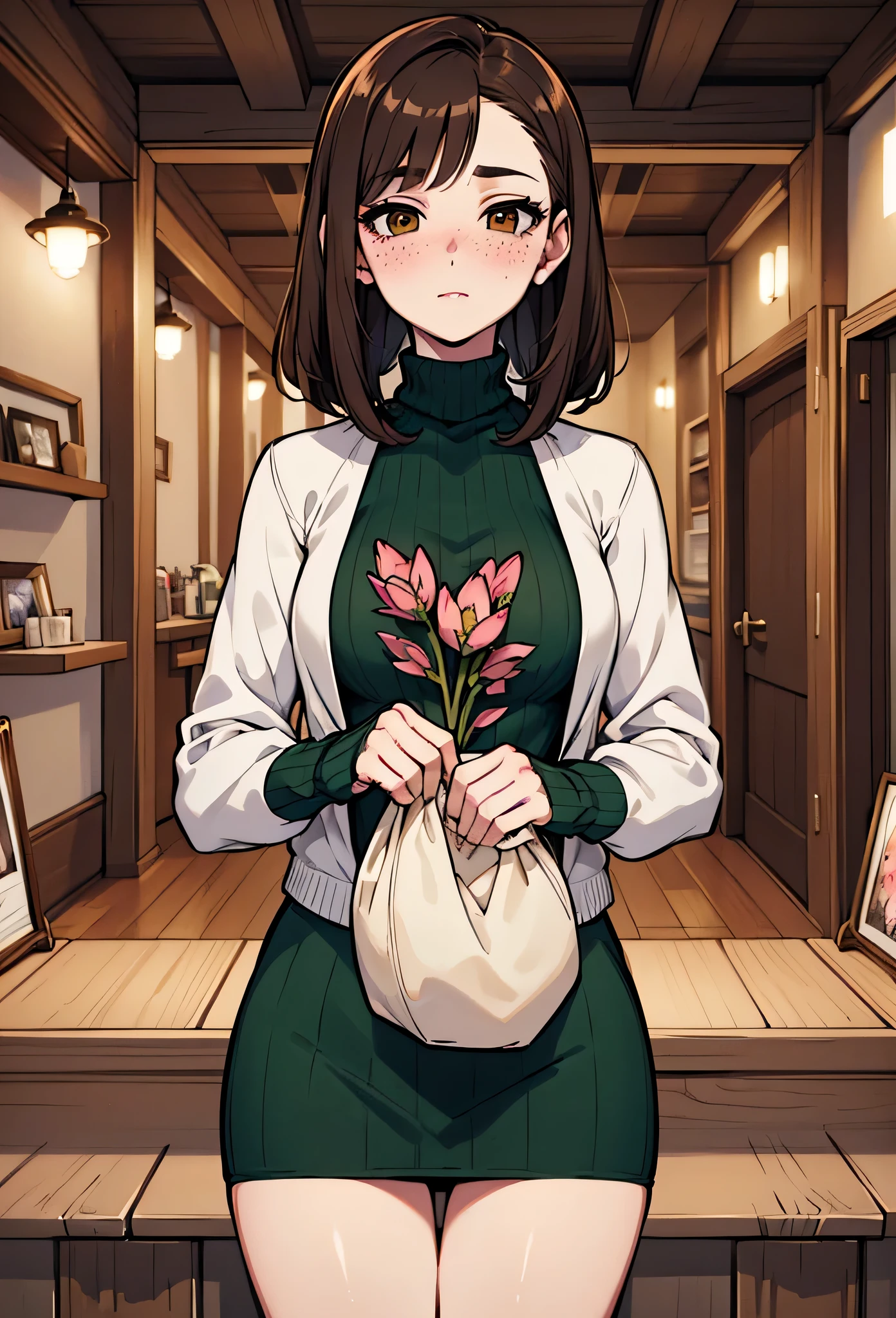 ((masterpiece, ultra high quality, ultra detailed)),  Mature:1.4, woman, solo, expressive, hearts, dynamic, brown hair, brown eyes, pale skin girl, pale skin, freckles, green turtleneck,((cozy, blush, soft smile))