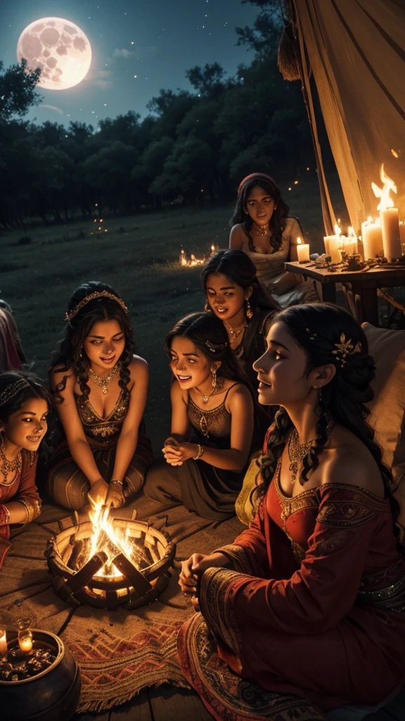 Amidst the enchanting gypsy encampment, a group of captivating women with intricately patterned, vibrant skirts and flowing, long dark hair huddle together near the crackling bonfire. Their expressive eyes, dressed in smoky kohl, gleam with the mystery of the night and the intrigue of their tales shared. The full moon casts an ethereal glow upon their luxuriant curls, as they giggle and chatter, their voices intermingling with the gentle crackling of the fire and the symphony of crickets.

The gypsies' velvety, sun-kissed skin radiates warmth and the enticing arom