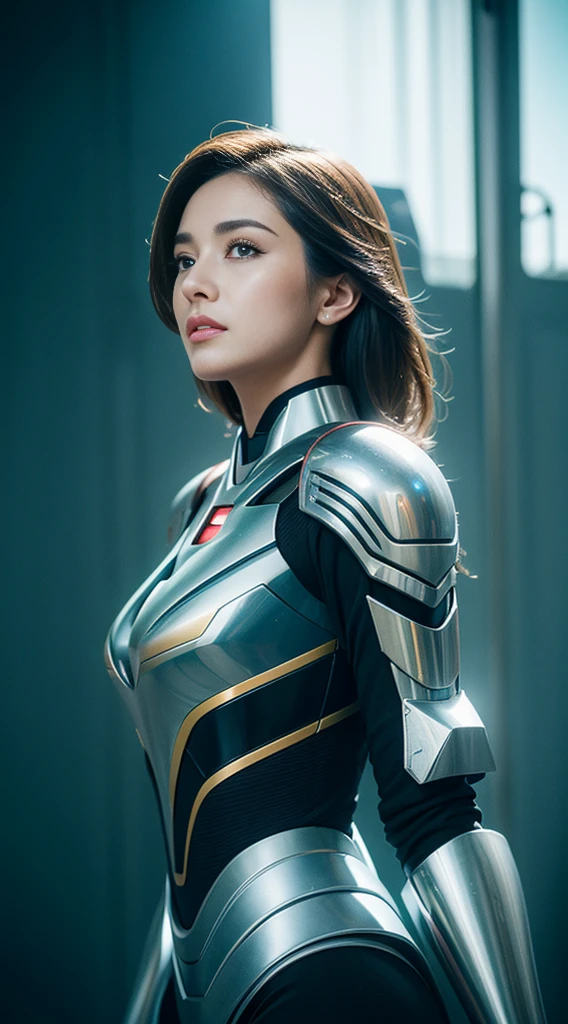 (1girl in:1.3), solo,__body-parts__, offcial art, unity 8k wallpaper, ultra - detailed, Beautiful and aesthetic, big breasts beautiful, tmasterpiece, best qualtiy, raw，tmasterpiece，ultra fine photos，，best qualtiy，超A high resolution，Photoreality，rays of sunshine，portrait of a full body，stunningly beautiful，，dynamicposes，delicated face，Vibrant eyes，（Seen from the side），she is wearing a futuristic Iron Man mech，White gold color scheme，Very detailed abandoned warehouse background，A detailed face，Detailed and complex busy background，slovenly，opulent，milkyW，highly detailedskin，Realistic details of skin，Visible Pore，tack sharp focus，Volume Fog，8K UHD，dslr camera，high quarity，film grains，White skin of the，photorealisim，Lomography，A huge metropolis in a futuristic dystopia , look from down, semi transparent