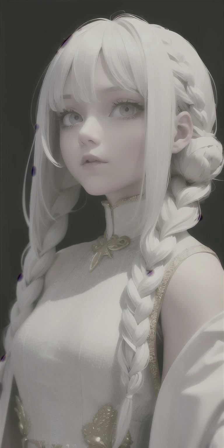 best quality, masterpiece,white hair, golden eyes,White clothes, look up, Upper body,Hair,White skin,side braid
