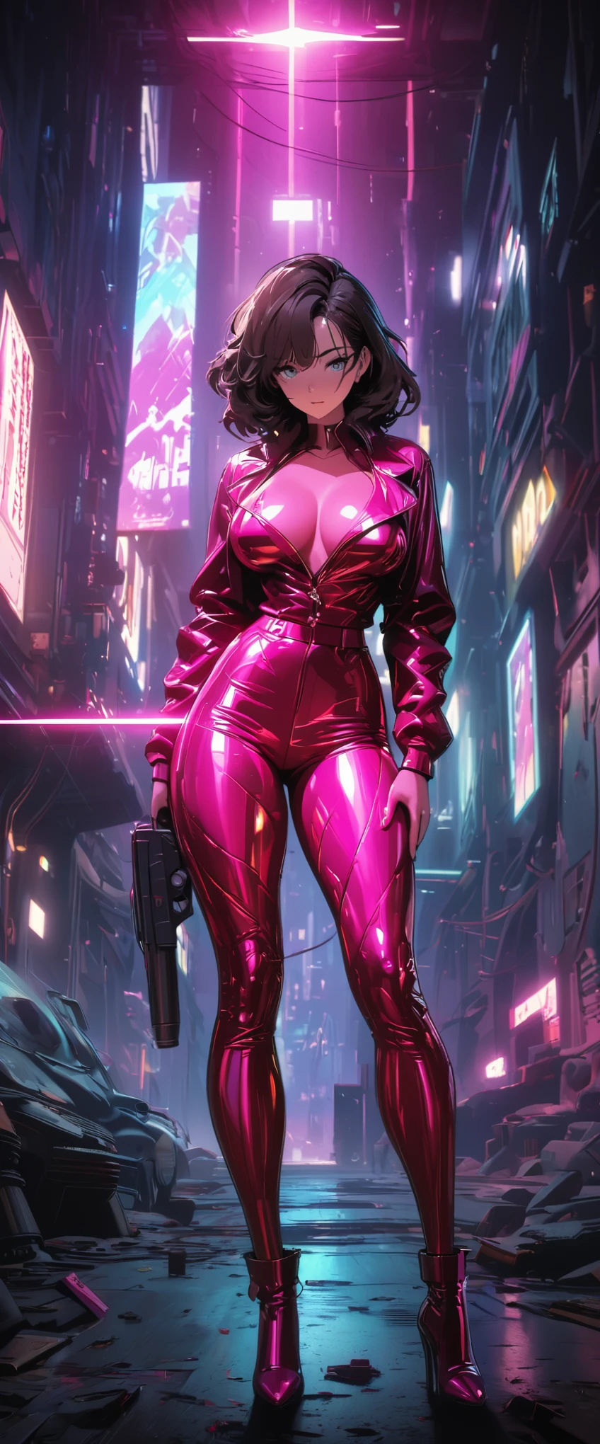 cyberpunk style，30-year-old mature and charming woman，Leather jumpsuit covers the whole body，full breasts，High-heeled leather shoes，Pointing a laser gun at me，open fire，（There are many small pieces of gravel floating in the air around me.:1.5），Beautiful，Glowing special effects，celluloid style，Flat coating，HD，CG art，comics，8K，looking into camera，high quality，illustration，Vaporwave style，rim light，movie lighting，Super detailed，complex，OC renderer，cinematic perspective，high resolution