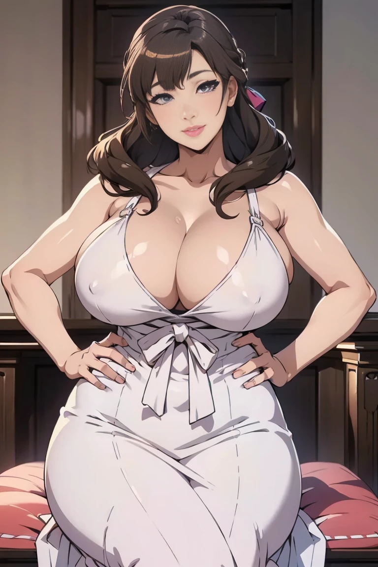 ((best quality)), ((masterpiece)), (detailed), (Realistic), (Vibrant), Mamako Oosuki, brown hair, expressive eyes, happy eyes, purple eyes, looking at pov, eyes looking at pov, perfect face, flawless face, mature, mature woman, smiling, happy expression, plump lips, rosey lips, lounge room, sitting, sitting cross_legged, hands on hips, white dress, short dress, curvy body, perfect body, big breasts, curvy waist, large thighs, cleavage, oppai, seductive anime girl, beautiful alluring anime woman, inspired by Nishikawa Sukenobu, with large breasts, marin kitagawa fanart, big breasts!, oppai proportions, big breasts!!, sfw huge breasts, makoto, makoto shinka