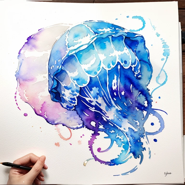 🪼 jellyfish, full length, English watercolor drawing, on wet paper, sketching in watercolor, casually, air, smudges, drawing with black ink