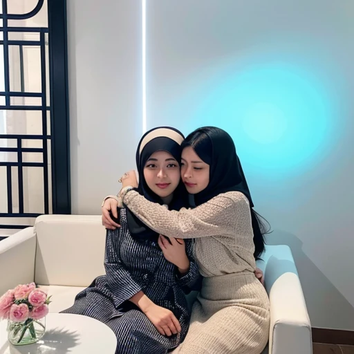 A 30 year old Indonesian girl with black hair was seen wearing modern Muslim clothes. was hugging a 50 year old mother... they hugged each other. they were sitting in flower-patterned chairs. In front there are many glass jars containing Eid cakes, and there are diamonds on plates in the white and blue striped background of the living room. and there are glowing neon lights in the shape of Eid diamonds