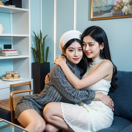 A 30 year old Indonesian girl with black hair was seen wearing modern Muslim clothes. was hugging a 50 year old mother... they hugged each other. they were sitting in flower-patterned chairs. In front there are many glass jars containing Eid cakes, and there are diamonds on plates in the white and blue striped background of the living room. and there are glowing neon lights in the shape of Eid diamonds