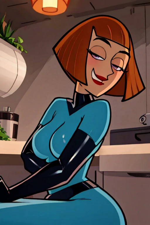 maddie fenton, thinking about danny, horny, at the kitchen table, latex bodysuit, medium close-up, dreaming about sex, loves you, straddling you