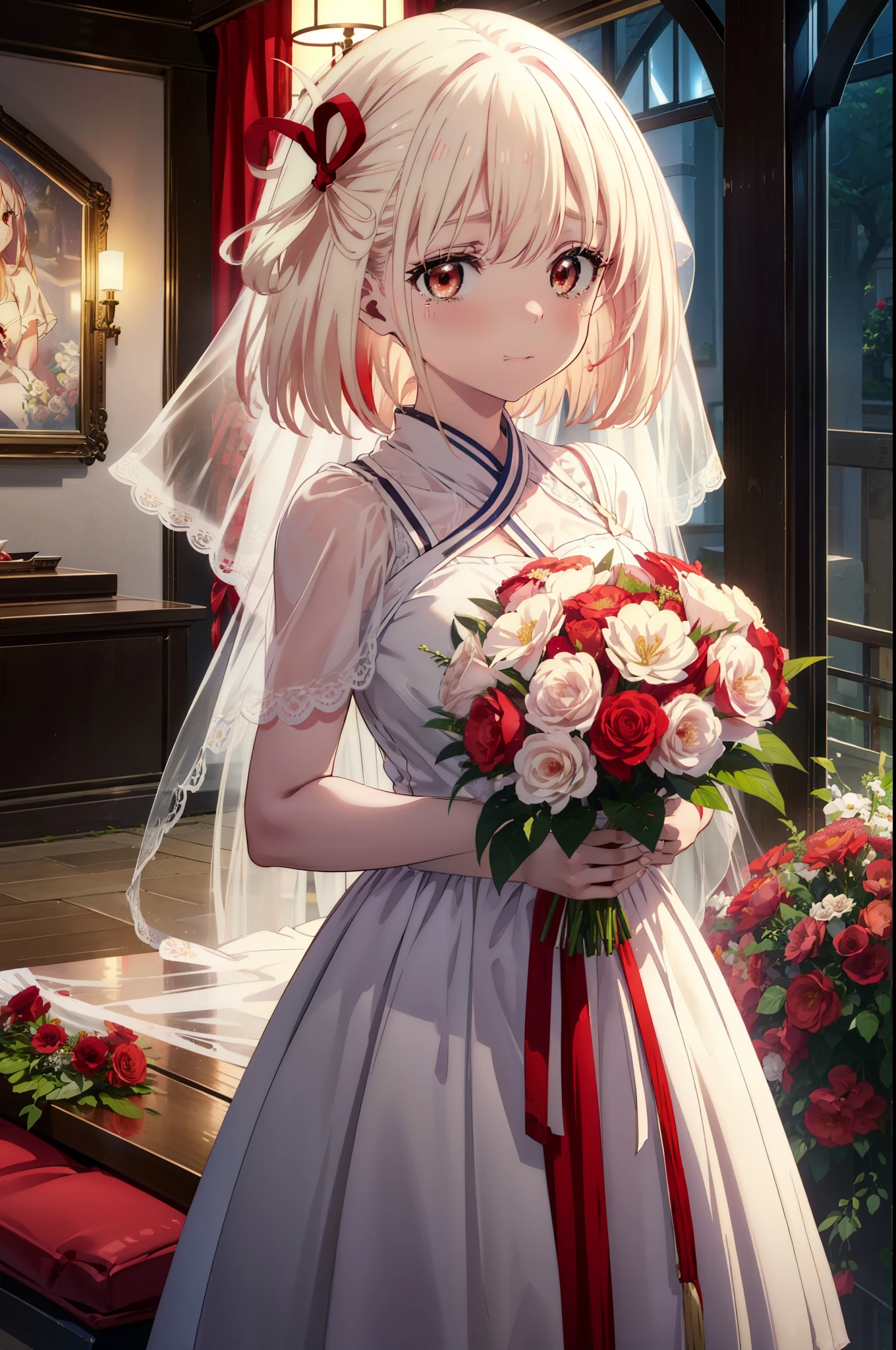 chisatonishikigi, Chisato Nishikigi, long hair, bangs, blonde hair, (red eyes:1.5), hair ribbon, one side up, tears run down her face,Crying with joy,blush,smile, open your mouth,Red Wedding Dress,veil,Red wedding skirt,bouquet,bouquetトス,holding a large bouquet of flowers in both hands,
break indoors, church,chapel,
break looking at viewer, (cowboy shot:1.5),
break (masterpiece:1.2), highest quality, High resolution, unity 8k wallpaper, (figure:0.8), (detailed and beautiful eyes:1.6), highly detailed face, perfect lighting, Very detailed CG, (perfect hands, perfect anatomy),