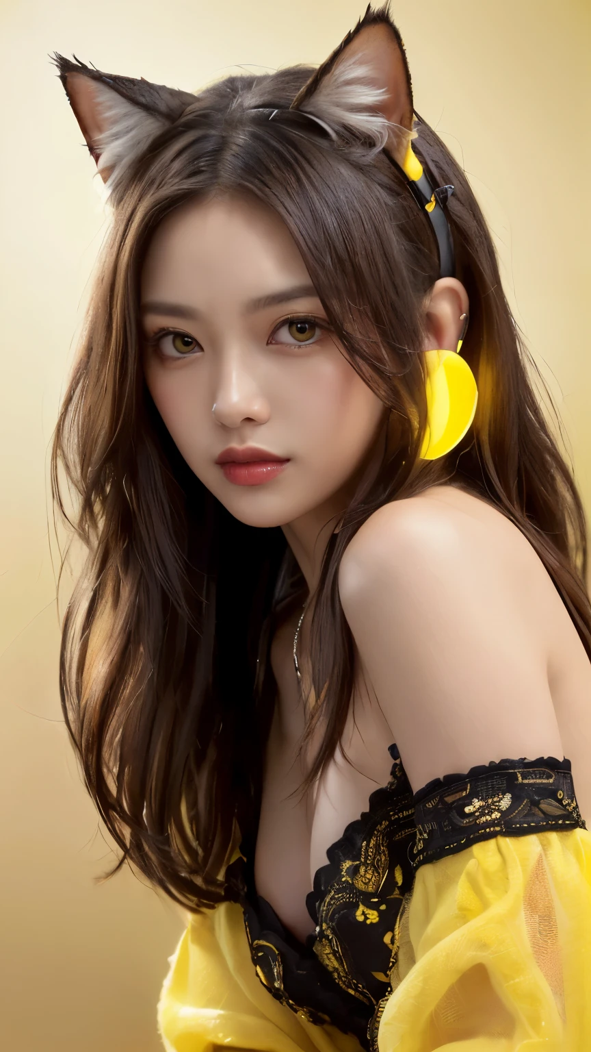 masterpiece, highest quality, 4K, Photorealistic, bokeh, enlightenment,1 perfect portrait of a girl, (A fascinating eye for perfect detail:1.2), colorful hair, (gradient hair), (Yellow + brack soft long hair:1.6), (Cat ear:1.2), fantasy background, (exposed bare shoulders), (long-term alienation sleeve), (lean forward a little), head tilt, movie lighting, oversized clothes, (seductive pose:1.4), (Yellow + brack background:1.6), beautiful lite brown eyes, close up,