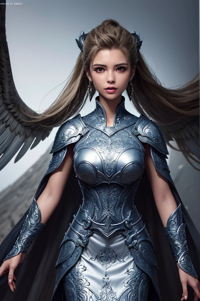 (Highest Quality, Masterpiece: 1.2), Ultra High Resolution, Realistic, Front Lighting, Intricate Detail, Exquisite Detail and Texture, 1girl, Solo, (young), Face Highlight, Upper Body, Detailed Face, Tear Point, Fair Skin, Silver Hair , ponytail, pigtails, viewer, big eyes, large fancy earrings, normal breasts, slim body, luxurious room, professional lighting, photon mapping, radiosity, physically based rendering, paladin armor, iron armor on shoulders and chest Wearing it on the waist and arms, the pattern of an eagle is engraved on the armor, the detailed pattern is designed on the armor, the armor is a style that reveals a woman's body, a short skirt, a mini skirt, and a dress that closely adheres to the body is worn inside the armor ,There is a very luxurious cloak, the pattern is engraved on the shape of the cloak, wearing a pleated tannis skirt, a knight of holy justice, a large super-sized hammer weapon, five fingers naturally, an armor pattern that embodies eagle wings,