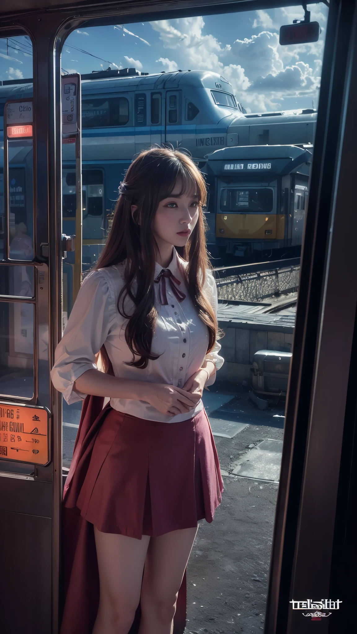 magenta tint、vibrant with colors、((tmasterpiece)))、(((quality)))、((ultra - detailed))、(Surreal)、(Very detailed CG illustration)、offcial art、CD cover、It will be、midsummer、The glorious 1980s、1 Sister,ssmile、cochetti gorgeous、incomparable beauty、long whitr hair,short blouse,Superskirt、perfect angle、Perfectcomposition、corner store,(evening,trains station,trains,Cloud),