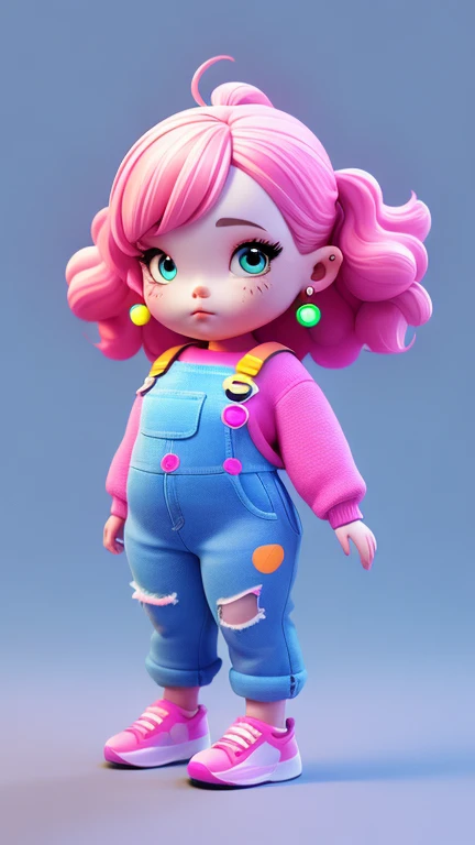 3D characters,chubby girl , neon wavy hair, Wearing earrings, Cropped sweater , Long overalls, (whole body:1.2),Simple background, masterpiece,best quality,(White background:1.1)