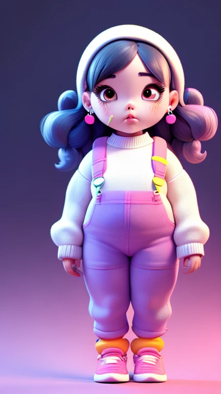 3D characters,chubby girl , neon wavy hair, Wearing earrings, Cropped sweater , Long overalls, (whole body:1.2),Simple background, masterpiece,best quality,(White background:1.1)