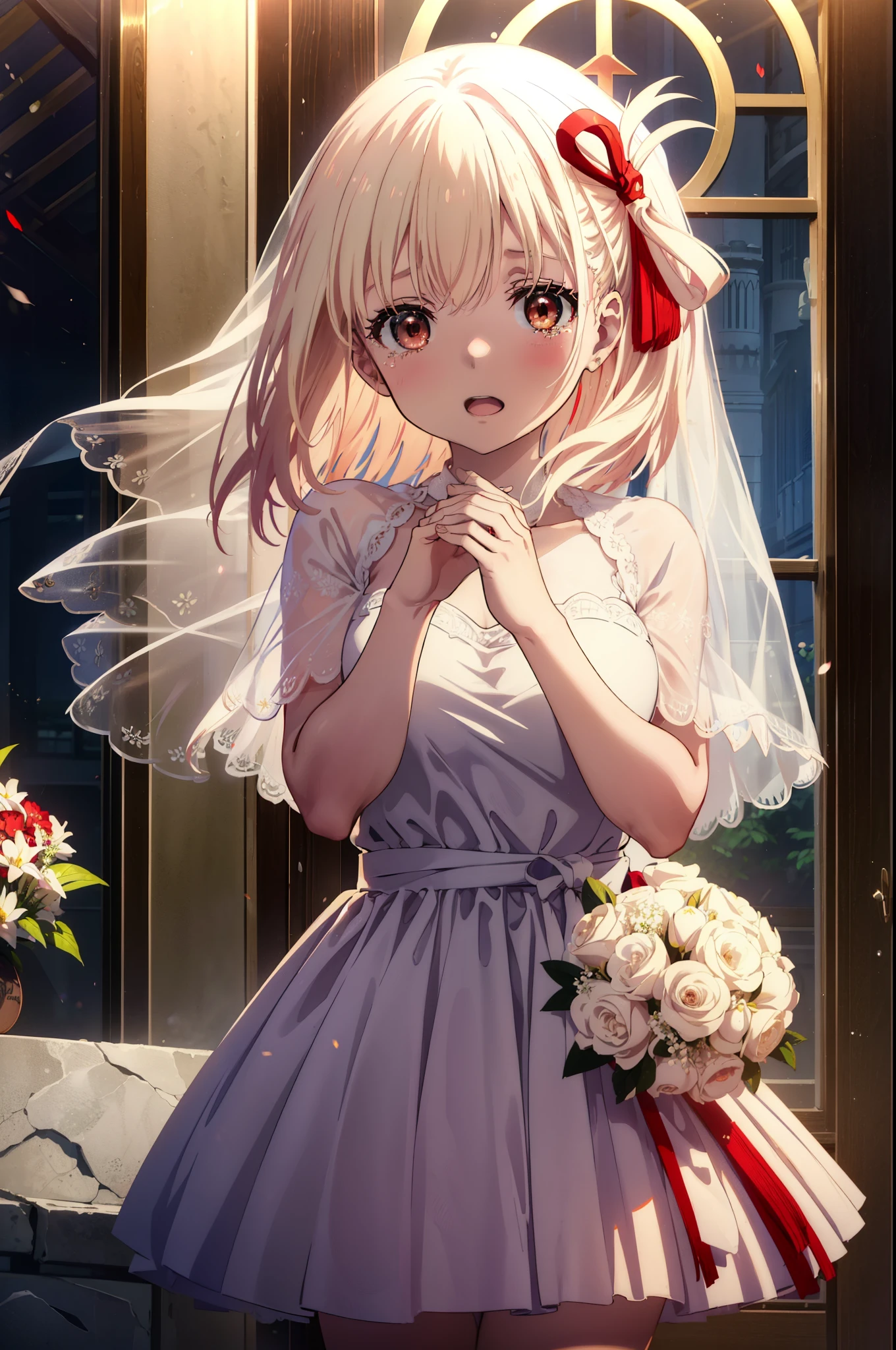 chisatonishikigi, Chisato Nishikigi, long hair, bangs, blonde hair, (red eyes:1.5), hair ribbon, one side up, tears run down her face,Crying with joy,blush,smile, open your mouth,Wedding dress,veil,Wedding Skirts,bouquet,bouquetトス,holding a large bouquet of flowers in both hands,
break indoors, church,chapel,
break looking at viewer, (cowboy shot:1.5),
break (masterpiece:1.2), highest quality, High resolution, unity 8k wallpaper, (figure:0.8), (detailed and beautiful eyes:1.6), highly detailed face, perfect lighting, Very detailed CG, (perfect hands, perfect anatomy),