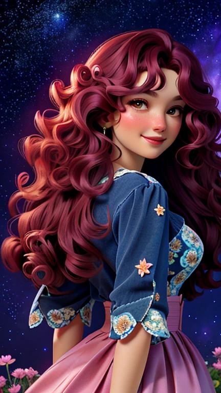 A woman with burgundy curly hair stands in a magical flower field. Every flower is colorful,Exudes a soft glow, Create a mysterious environment. Twinkling stars in the night sky reflected in the woman's curly hair, Add a touch of magic to her hair. She seems to be connected to the natural and cosmic energy around her., Exudes power and charm.