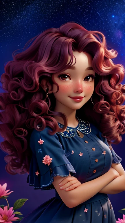 A woman with burgundy curly hair stands in a magical flower field. Every flower is colorful，Exudes a soft glow, Create a mysterious environment. Twinkling stars in the night sky reflected in the woman&#39;s curly hair, Add a touch of magic to her hair. She seems to be connected to the natural and cosmic energy around her., Exudes power and charm.
