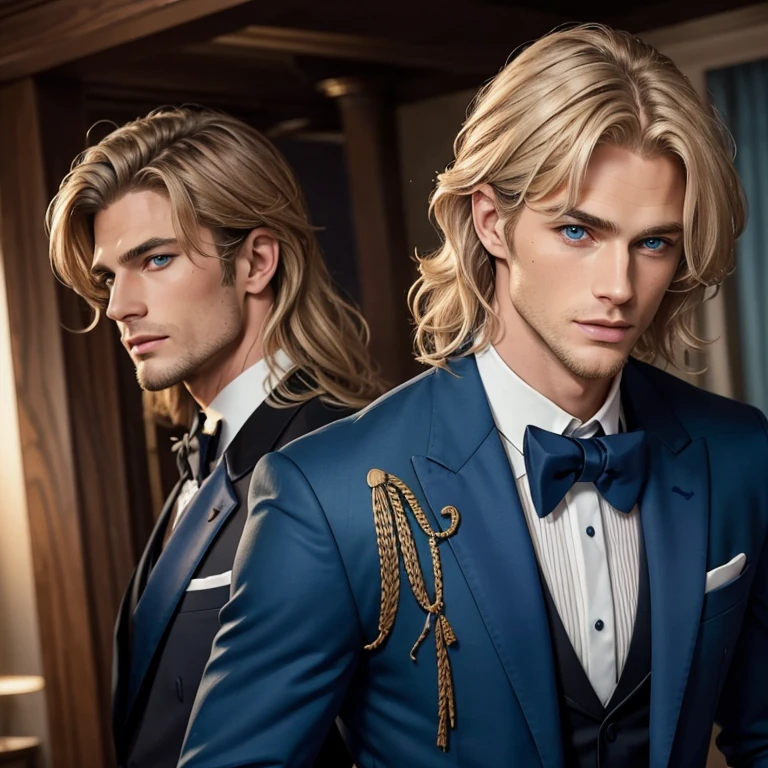 handsome, chiseled jawline, slightly messy wavy dirty blond hair, cerulean blue eyes with hazel central heterochromia, suit, sophisticated, tuxedo, pointed straight nose, greek god looking, long bangs, hot, handsome