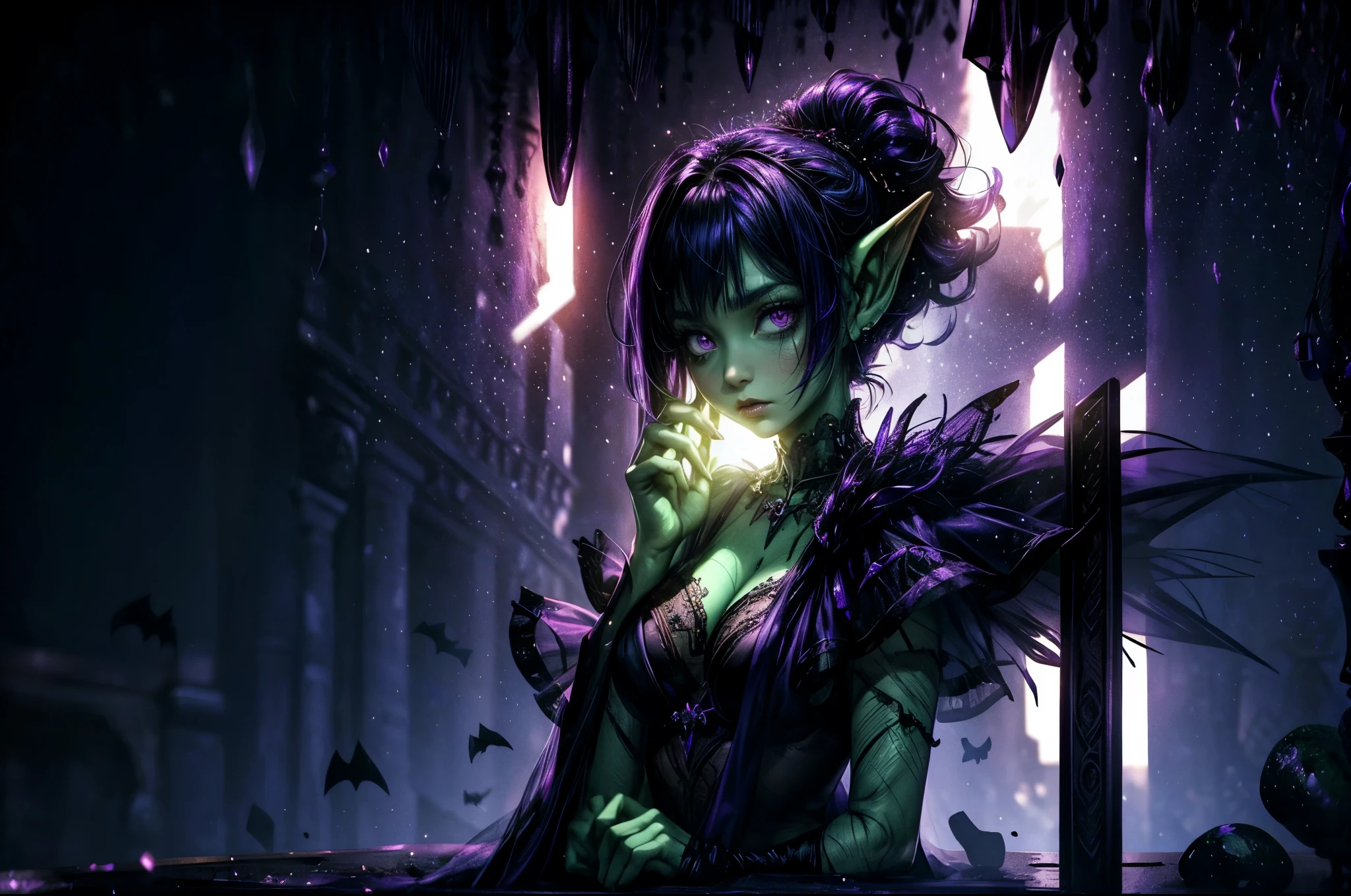 ((best quality)), ((masterpiece)), (detailed), dark gothic horror style, Halloween style, very small goblin girl, green skin, pointy ears, short purple hair with black streaks pixie hairstyle, bright red eyes, wearing incredibly intricate and revealing lingerie, boudoir photography style, apologetic expression, sheer purple cape, cleavage, small breasts, apologetic tone, shy, ashamed
